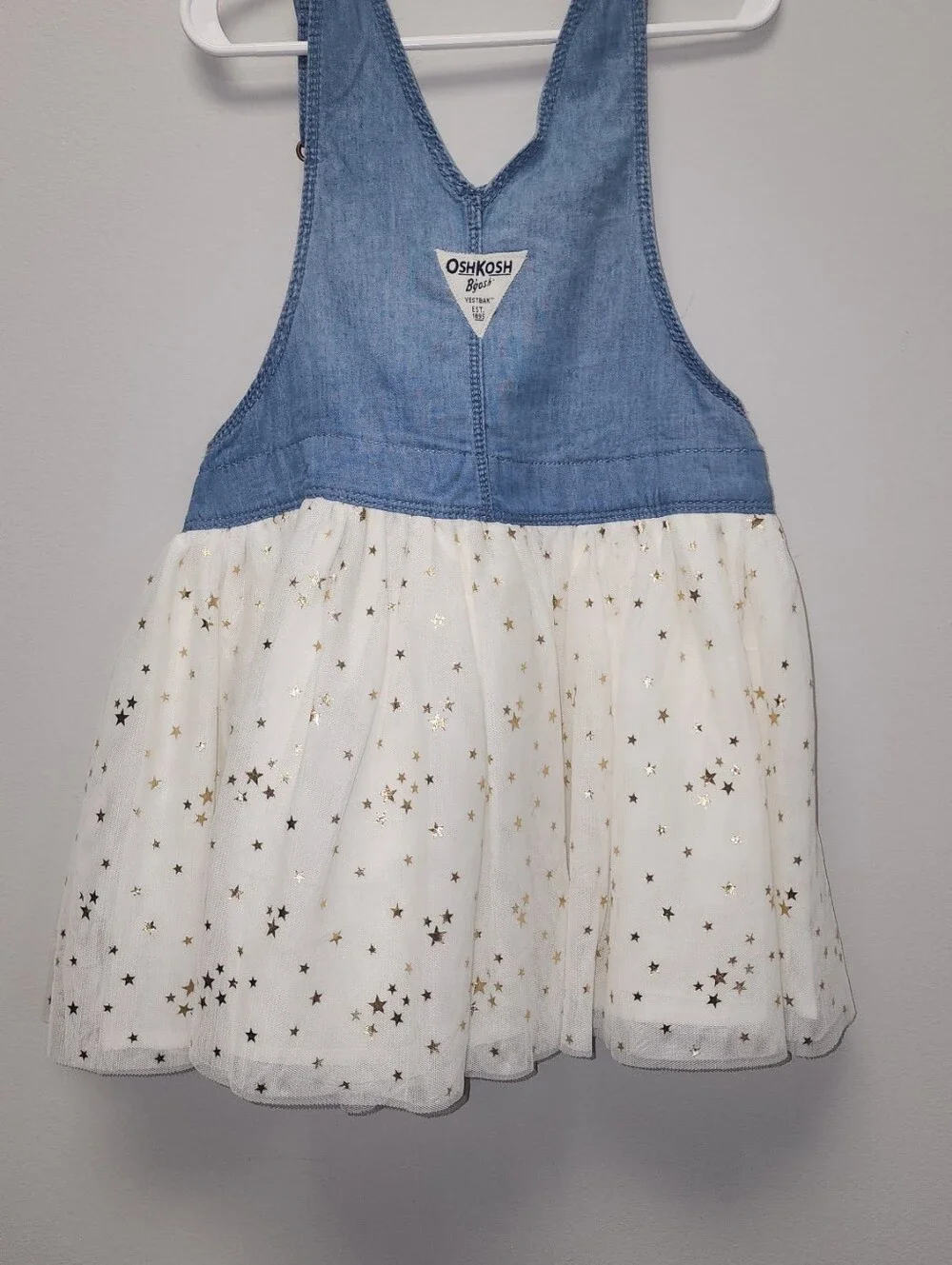 OshKosh B'gosh 3T Denim Overall Dress Gold Star Tulle Skirt Toddler Girl